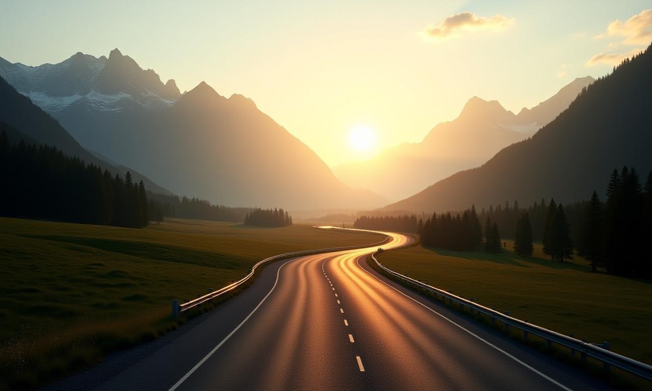 Schweizer Autobahn in den Alpen bei Sonnenaufgang